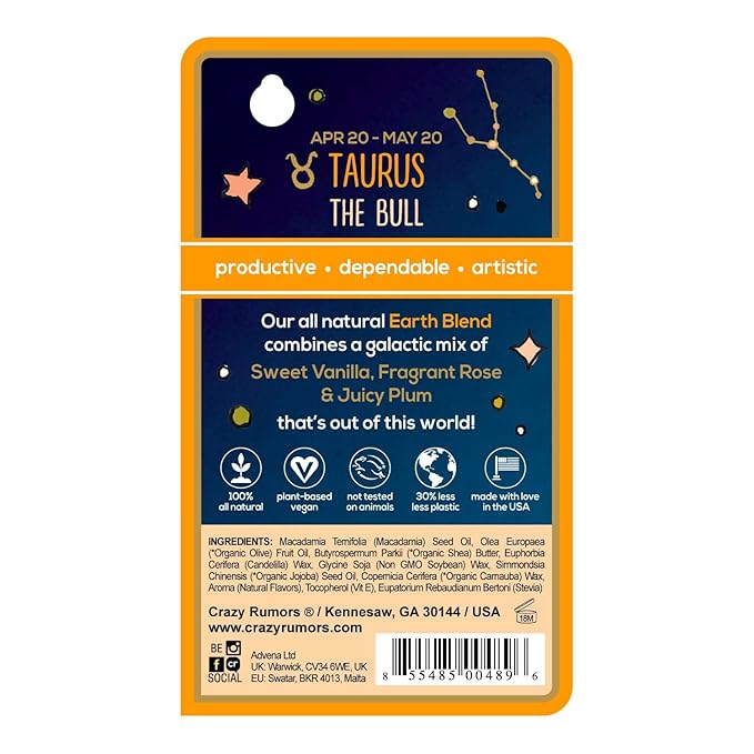 Crazy Rumors Taurus Zodiac All Natural, Plant Based Lip Balm to Moisturize and Nourish your Lips - Earth Blend (Sweet Vanilla, Fragrant Rose and Plum)-Velvo Beauty