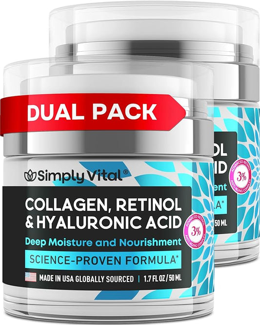 SimplyVital Collagen Face Moisturizer - Anti-Aging Retinol Cream for Face, Neck & Décolleté with Hyaluronic Acid - Made in USA, Daily Moisturizer Face Cream, 2-Pack-Velvo Beauty