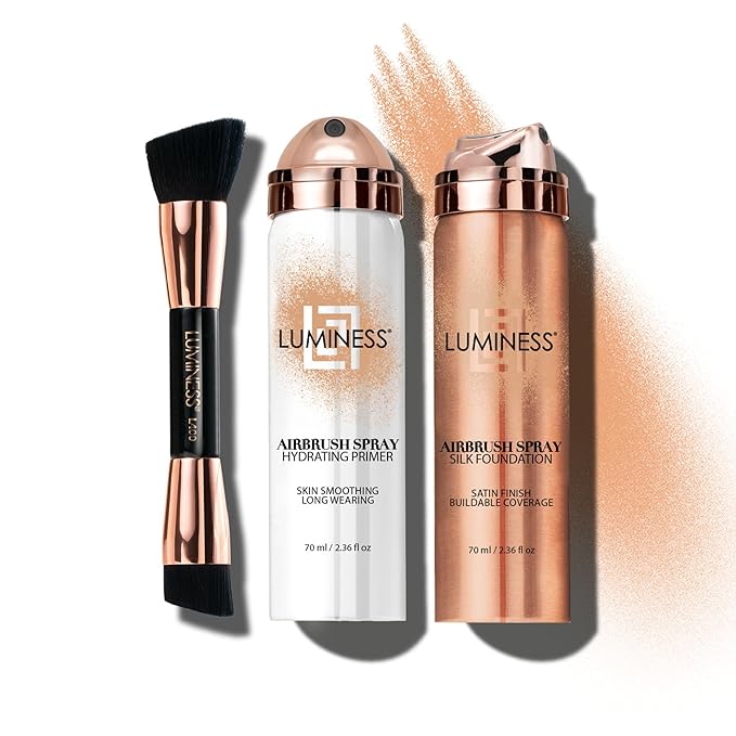LUMINESS Silk Airbrush Spray Foundation Makeup Starter Kit - Full Coverage Foundation, Primer & Dual-Sided Angled Buffing Brush - Medium Warm-Velvo Beauty