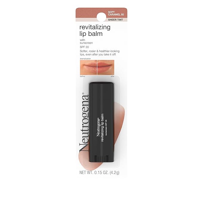 Neutrogena Revitalizing and Moisturizing Tinted Lip Balm with Sun Protective Broad Spectrum SPF 20 Sunscreen, Lip Soothing Balm with a Sheer Tint in Color Soft Caramel 50,.15 oz-Velvo Beauty