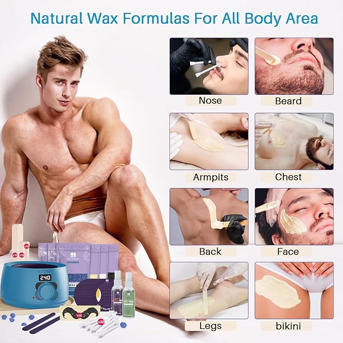 BLITZWAX Back and Nose Waxing Kit for Men, Hard Wax Warmer for Brazilian, Body and Face, At Home Hair Removal Kit, Beginner Friendly, Quick Heating, 93 Accessories, Royal Blue-Velvo Beauty