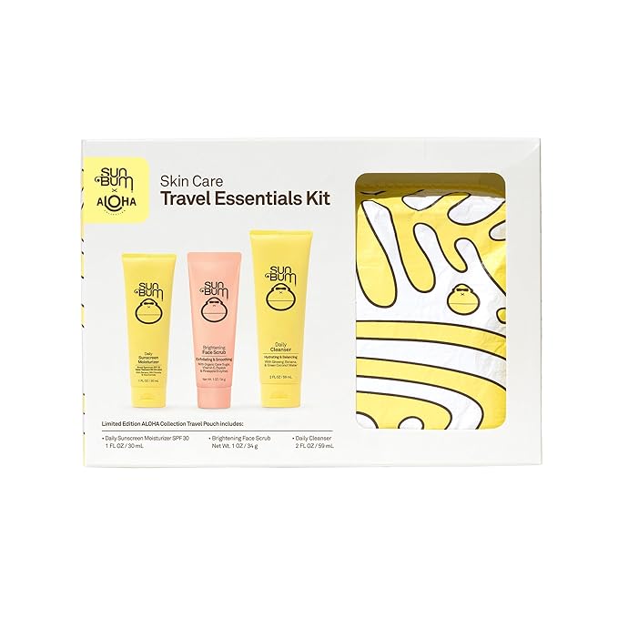 Sun Bum Skin Care Travel Essentials Kit | Cleanse, Brighten, Moisturize, Protect with Daily Cleanser, Brightening Face Scrub, and Daily Sunscreen Moisturizer | Includes Aloha Collection Travel Pouch-Velvo Beauty
