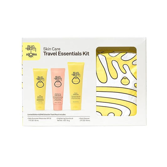 Sun Bum Skin Care Travel Essentials Kit | Cleanse, Brighten, Moisturize, Protect with Daily Cleanser, Brightening Face Scrub, and Daily Sunscreen Moisturizer | Includes Aloha Collection Travel Pouch-Velvo Beauty
