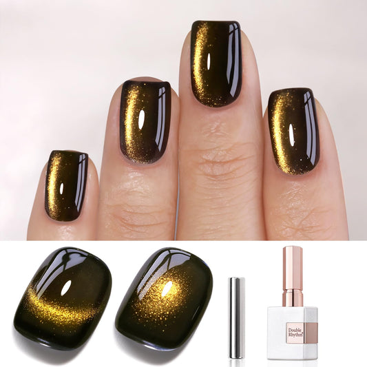 Double Rhythm Cat Eye Gel Polish with Magnet 15ML Glass Holographic Glitter Shimmer Translucent Sheer Color Salon Soak Off Magnetic at Home (Black Gold-MC1146)-Velvo Beauty