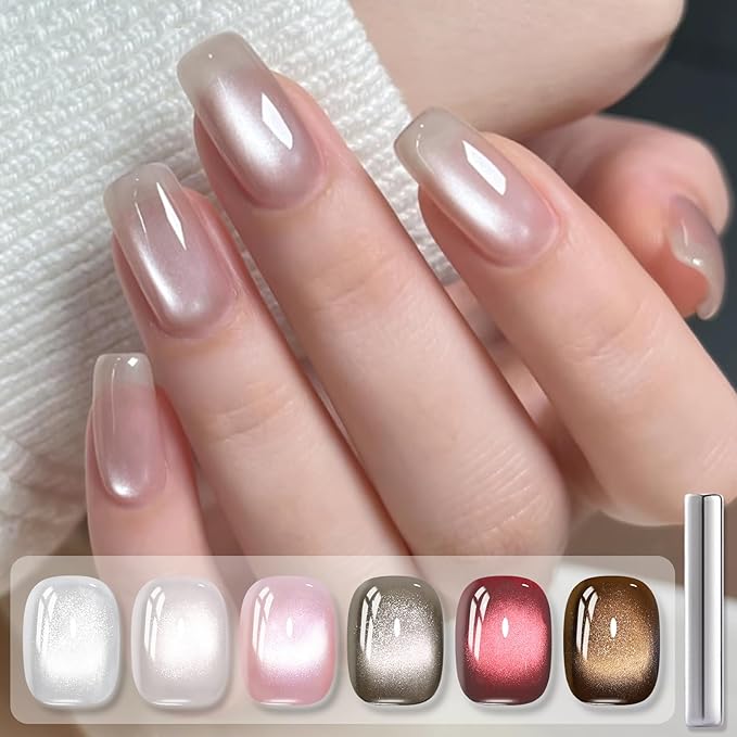 Born Pretty Cat Magnetic Eye Gel Nail Polish, 6 Colors Retro Magnetic Glitter Gel Polish Set Silver Pink Red Nail Polish Kit Soak Off LED Nail Art DIY Salon Gift-Velvo Beauty