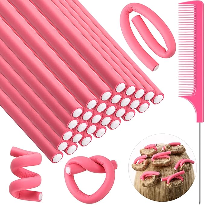 Syhood 30 Pcs 7'' Flexible Curling Rods Twist Foam Hair Rollers Soft Foam No Heat Hair Rods Rollers and 1 Steel Pintail Comb Rat Tail Comb for Women Long Short Hair(Pink,7 x 0.47 Inch)-Velvo Beauty