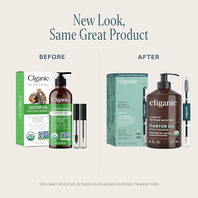 Cliganic Organic Castor Oil, 100% Pure (8oz with Eyelash Kit) - For Eyelashes, Eyebrows, Hair & Skin | Natural Cold Pressed Unrefined Hexane-Free (Packaging May Vary)-Velvo Beauty