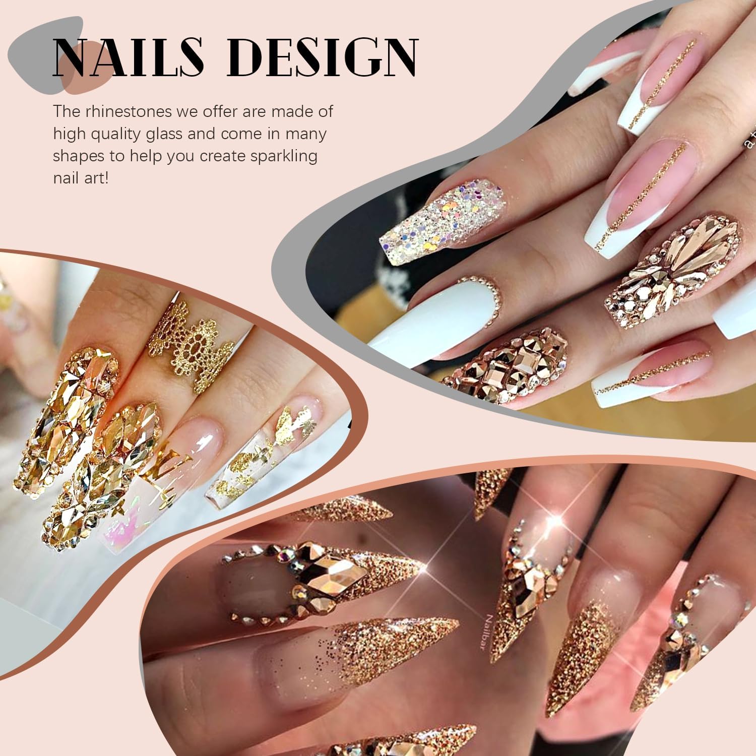 2060Pcs Mineral Gold Glass Nail Rhinestones 60Pcs Multi Shapes Flatback Nail Gems + 2000Pcs 1.5-4mm Round Crystal with Rhinestones Glue Gel, Manicure Nail Charms Diamond Gemstones for Nail Art-Velvo Beauty