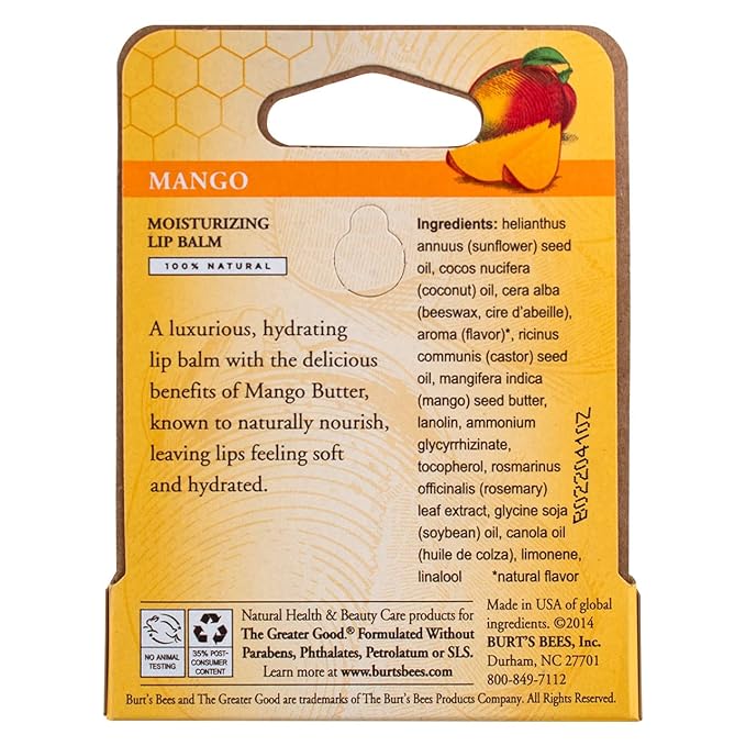 Burt's Bees Moisturizing Lip Balm, Mango 0.15 oz (Pack of 4)-Velvo Beauty
