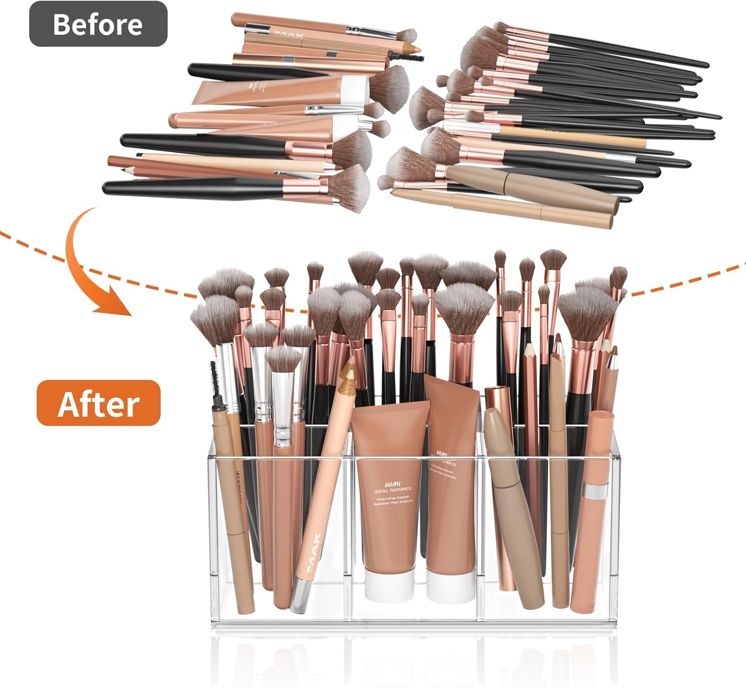 HIIMIEI Clear Makeup Brush Holder Organizer Acrylic 6-Slots Cosmetic Brushes Storage Organizer for Vanity Countertop-Velvo Beauty