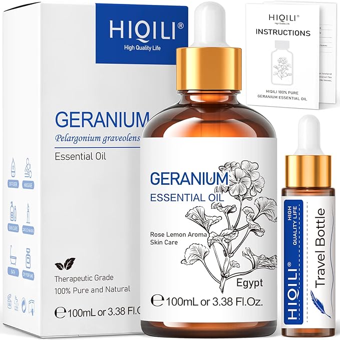 HIQILI 100ML Geranium Essential Oil for Skin, Diffuser & Candle, 100% Pure and Natural - 3.38 Fl Oz-Velvo Beauty