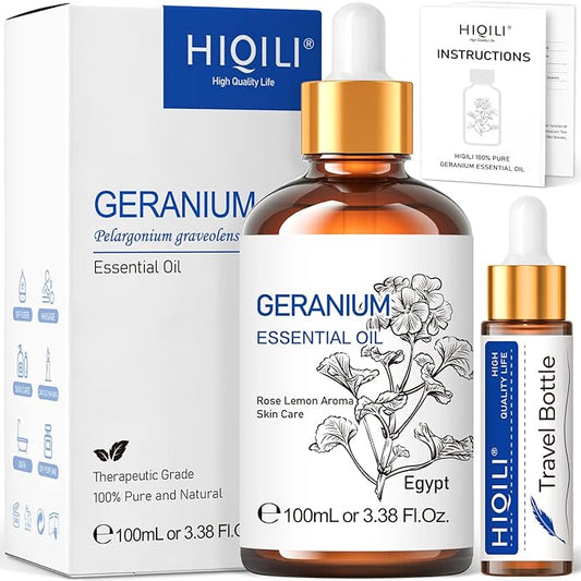 HIQILI 100ML Geranium Essential Oil for Skin, Diffuser & Candle, 100% Pure and Natural - 3.38 Fl Oz-Velvo Beauty
