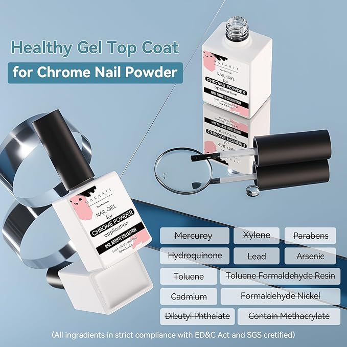 Makartt Gel Top Coat for Chrome Nail Powder - 2 Pcs 15ml Clear No Wipe High Gloss Top Coat Gel Nail Polish Mirror Shine Long Lasting Easy Application, Soak off UV Lamp, DIY Home Salon Art Design-Velvo Beauty