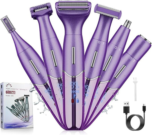 Electric Razor for Women,6 in 1 Women's Bikini Trimmer Shaver for Women & Men Pubic Hair, Private Area, Legs, Eyebrow,Face, Nose, Eyebrow, Body Hair Removal IPX5 Waterproof Wet & Dry-Velvo Beauty