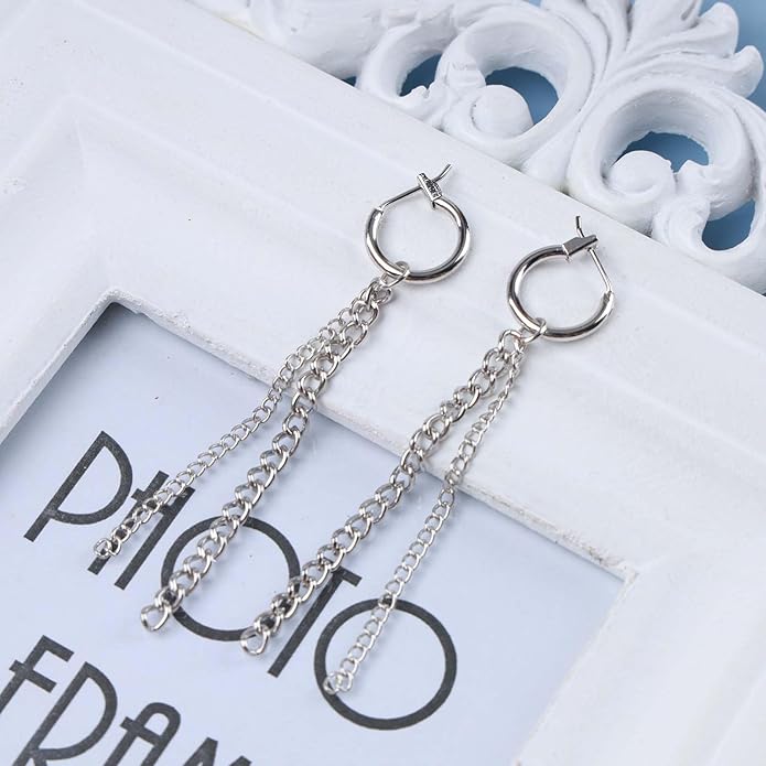 Vintage Layered Chain Dangle Earrings Long Chain Hoop Huggie Earrings Silver Curb Chain Stud Earrings Tassel Chain Drop Earrings Jewelry for Women-Velvo Beauty