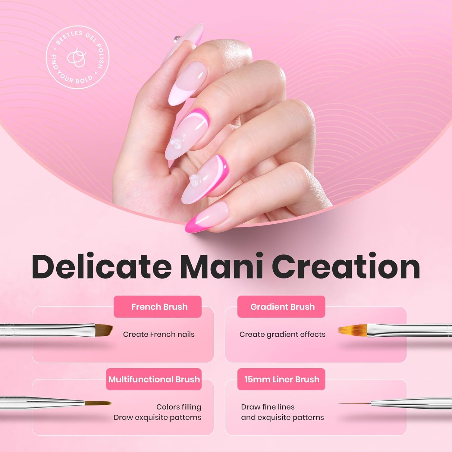 Beetles Nail Art Brushes, 6 Pcs Fingernail Art Design Pens, Pink Handle French Tip Ombre Clean Up Nail Brush Set for Gel Polish with Palette DIY Manicure Tools Gift for Women-Velvo Beauty