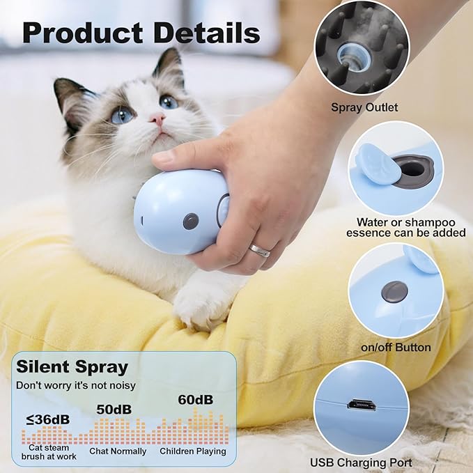 Cat Steam Brush for Shedding, Cat Grooming Brush With Steam, Rechargeable Steam Pet Brush for Dog And Cat, Steamy Cat Brush 3 In1, Self Cleaning Steam Brush for Massage,Clean and Removing Loose Hair-Velvo Beauty
