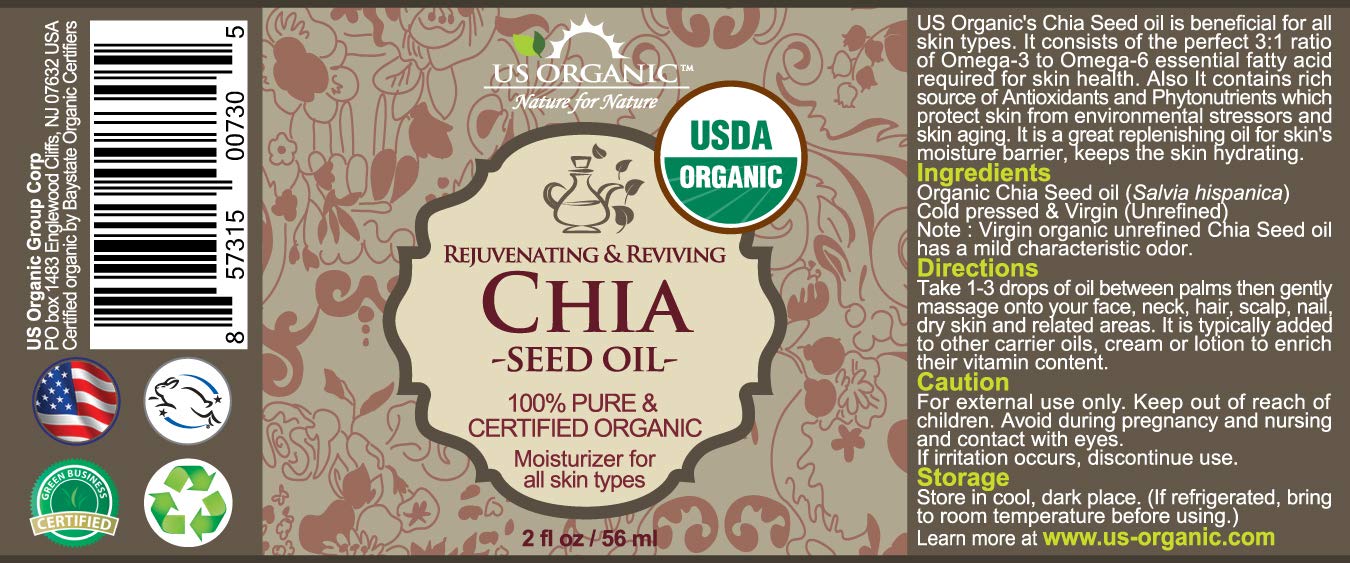 US Organic Chia Seed Oil, Certified Organic, Pure & Natural, Cold Pressed Virgin, Unrefined, Sourced from Paraguay, in Amber Glass Bottle w/Glass Eyedropper for Easy Application (2 oz (56 ml))-Velvo Beauty