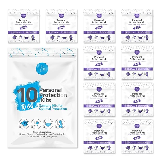 Personal Protection Kit TO GO, Mini 4 Item PPE Kit for travel and school | Includes 1 Each of Face Covering, Gloves, Cleansing Wipes & Hand Cleansing Gel | 10 - Pack (Purple)-Velvo Beauty