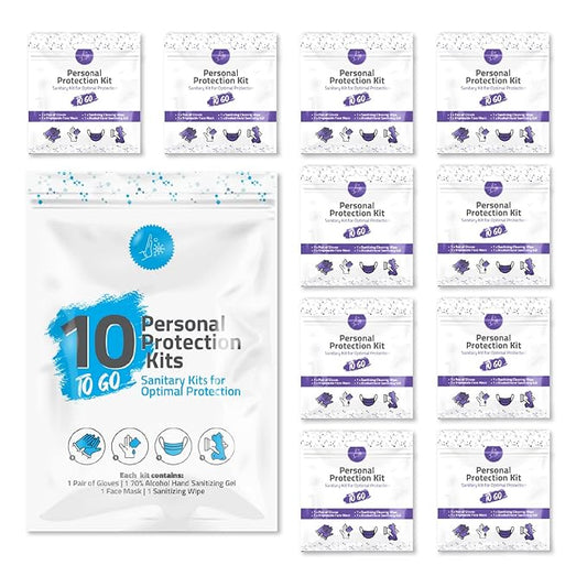 Personal Protection Kit TO GO, Mini 4 Item PPE Kit for travel and school | Includes 1 Each of Face Covering, Gloves, Cleansing Wipes & Hand Cleansing Gel | 10 - Pack (Purple)-Velvo Beauty