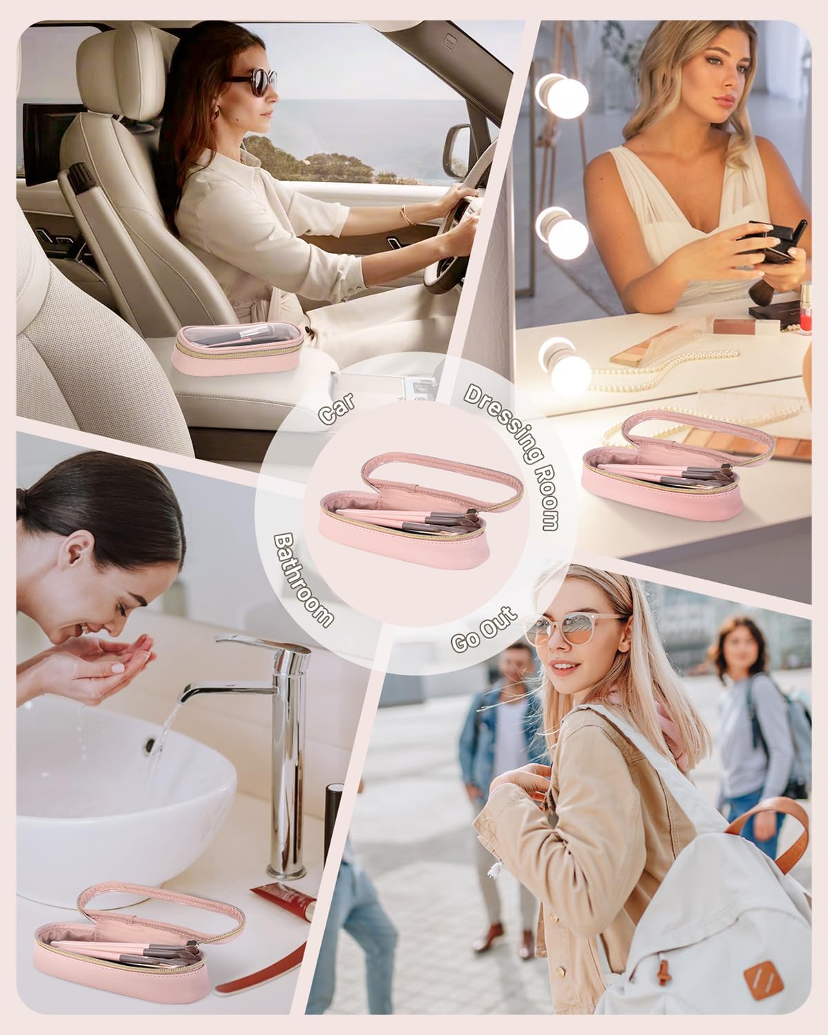 Clear Travel Makeup Brush Holder, Leather Makeup Brush Toiletry Bag, Portable Cosmetic Brush Case, Transparent Waterproof Makeup Brush Storage Bag, Pink-Velvo Beauty