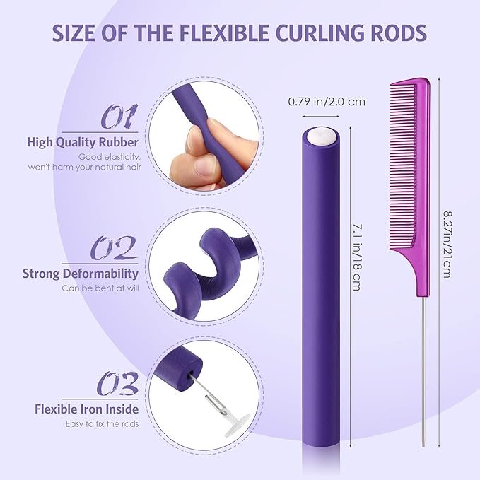 Syhood 30 Pieces Flexible Curling Rods Twist Hair Rollers Soft Foam Rods No Heat and 1 Pcs Steel Rat Tail Comb for Women Long and Short Hair(7 x 0.8 Inch,Purple)-Velvo Beauty