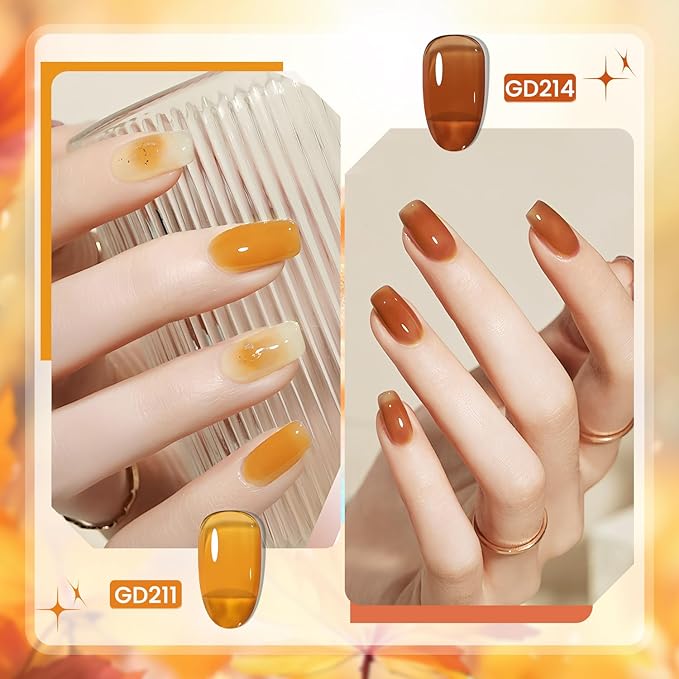 JODSONE 6 Colors Gel Nail Polish Set Fall Collection Jelly Effect Soak Off Need U V LED Gel Polish Set Autumn Mauve Brown RedSalon-Quality DlY Home Manicure-Velvo Beauty