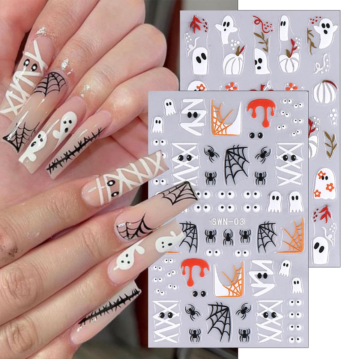 6Sheets Halloween Nail Stickers - Cute Ghost Nail Decals, 3D Self-Adhesive Pink Pumpkin Spider Web Mummy Ghost Nail Art Design Stickers for Women-Velvo Beauty