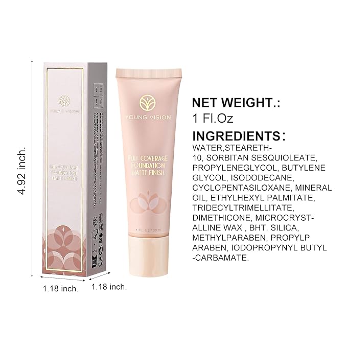 YOUNG VISION Full Coverage Longwear Foundation, Matte Finish, Waterproof, Poreless Liquid Foundation Makeup, 1 Fl Oz (Pack of 2)-Velvo Beauty