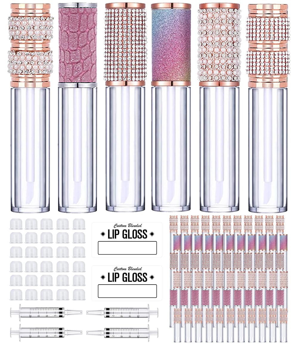 AMORIX 72pcs 5ml Diamond Lip Gloss Tubes With Wand - Empty Rhinestone Containers, Crystal Bottles, Supplies Kit - 4 Syringes + Labels for DIY Base-Velvo Beauty