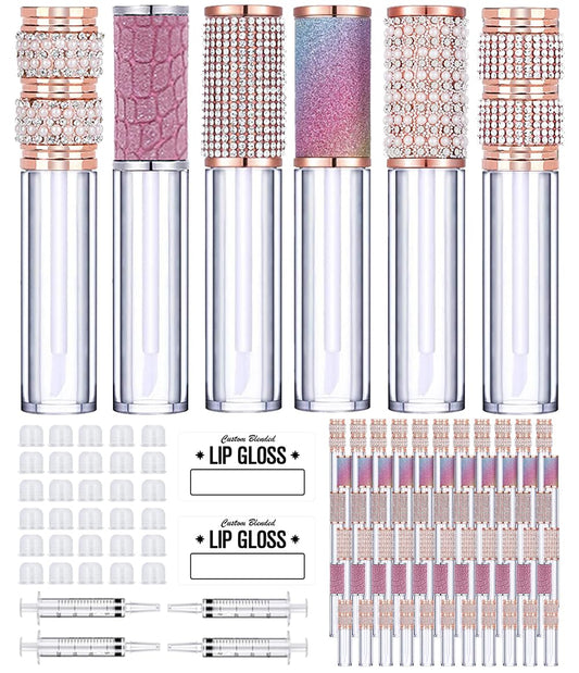 AMORIX 72pcs 5ml Diamond Lip Gloss Tubes With Wand - Empty Rhinestone Containers, Crystal Bottles, Supplies Kit - 4 Syringes + Labels for DIY Base-Velvo Beauty