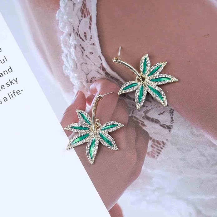 Vintage Emerald Pot Leaf Earrings Green Leaf Drop Earrings Green Marijuana Leaf Earrings Gold Cz Leaf Dangle Earrings Jewelry for Women-Velvo Beauty