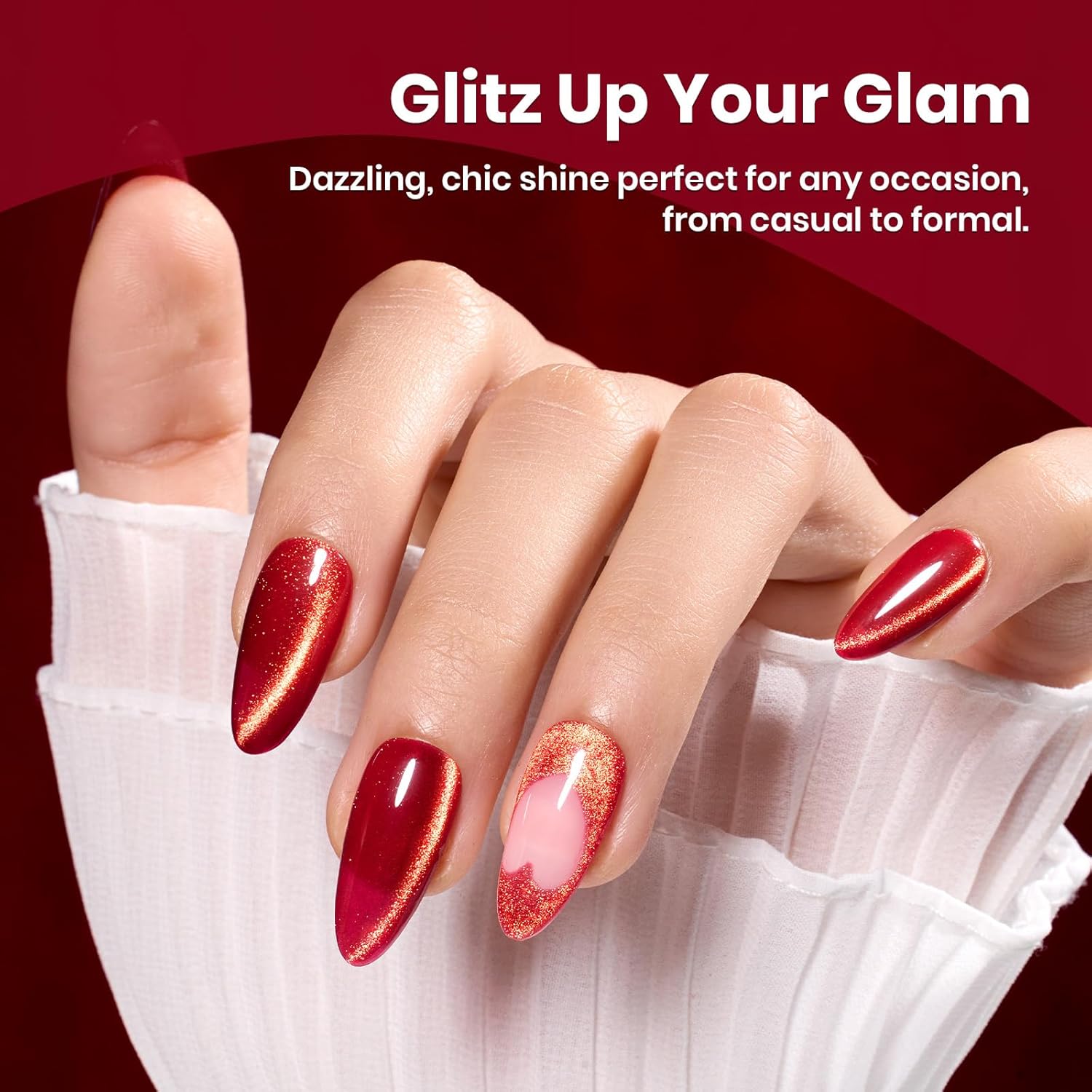 Beetles Red Cat Eye Gel Nail Polish - 15ML Cherry Red Glass Magnetic Cat Eye Glitter Gel Polish with Gold Powder Soak Off UV Twilight Toast Collection Nail Art Design Manicure Gifts for Women-Velvo Beauty