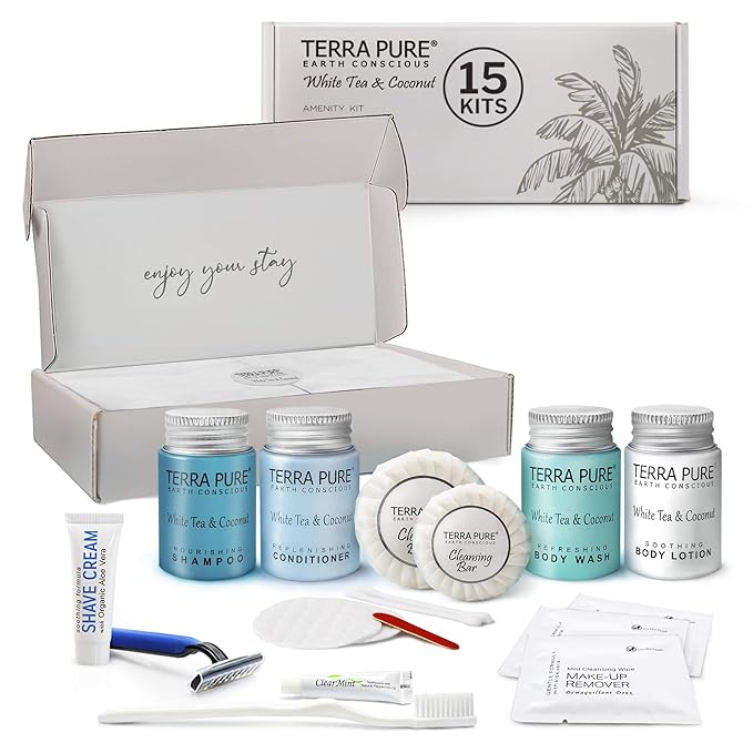 Terra Pure White Tea & Coconut Amenity & Accessory Kit |1oz Travel Size Shampoo, Conditioner, Lotion, Body Wash, 2 Cleansing Bars, Shave & Dental Sets, Make-Up Remover Wipes, & Vanity Kit | 15 Boxes-Velvo Beauty