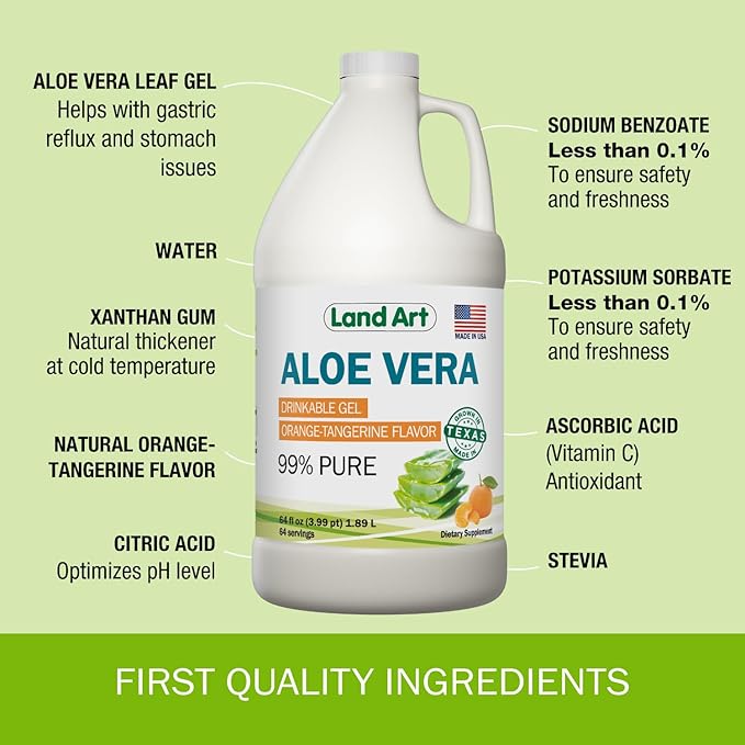 Pure Aloe Vera Drinkable Gel - Orange Tangerine Flavored - Cold-Processed Inner Filet - from Organic Fresh Leaves from Texas - for Heartburn Relief - Acid Reflux - 64 fl oz-Velvo Beauty