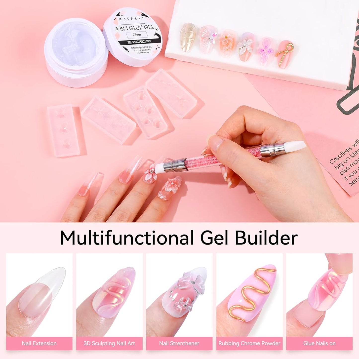 Makartt 3D Gel Nail Art: 4 in 1 Solid Gel Builder Kit for 15ML Nail Extension Gels, 4pcs Silicone Molds, 1 Sculpting Brush, UV Glue for Acrylic Nails Rhinestones Gels Molding Manicure Hard Gel Kit-Velvo Beauty