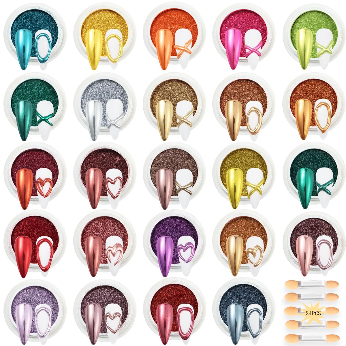 24Pcs Chrome Nail Powder Set - Metallic Mirror Effect Holographic Iridescent Aurora Mermaid Nail Powder Pigment Silver Red Green Gold Nail Chrome Powder for Nails Art Decoration(24 Eye Shadow Sticks)-Velvo Beauty