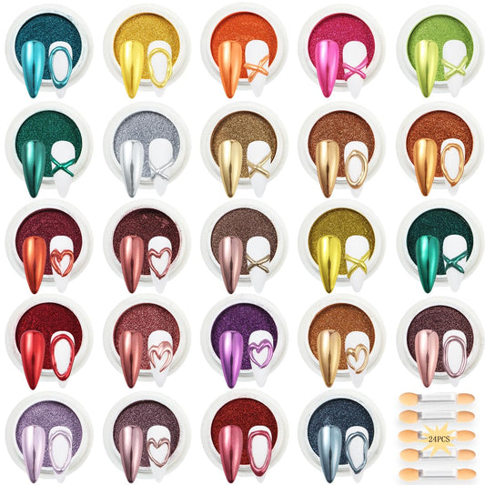 24Pcs Chrome Nail Powder Set - Metallic Mirror Effect Holographic Iridescent Aurora Mermaid Nail Powder Pigment Silver Red Green Gold Nail Chrome Powder for Nails Art Decoration(24 Eye Shadow Sticks)-Velvo Beauty