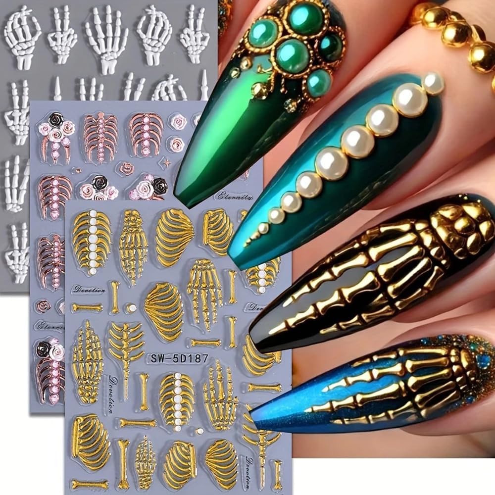 3Pcs Skull & Ribcage 5D Nail Stickers - Y2K Gothic Horror Design, Self-Adhesive Foil Decals Halloween Nail Art, Single-Use Plastic Embossed Animal Print, Golden, White, Rose Gold Skull Nails Decals-Velvo Beauty