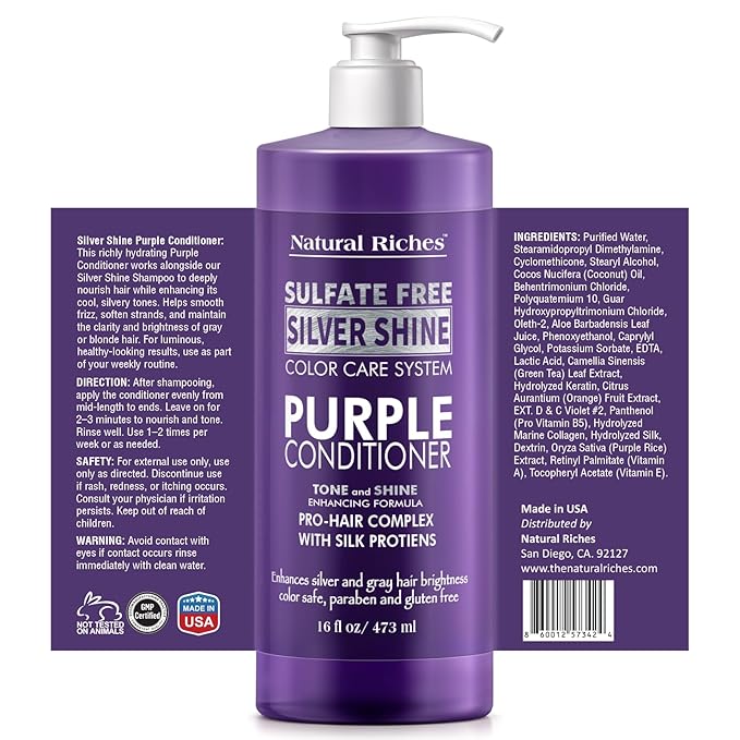 Natural Riches Radiant Silver Shine Purple Shampoo and Conditioner Set for Gray Hair - Paraben-Free and Color Safe – With Silk Proteins, Tones Dull Hair, Softens & Adds Shine - 16 fl oz-Velvo Beauty