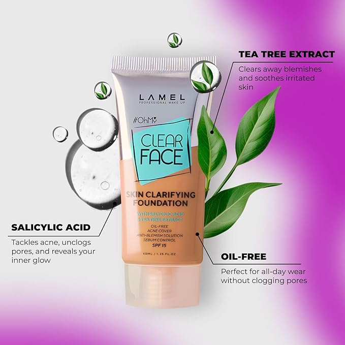 Lamel- Oh my Clear Face Foundation- SPF15-407 Meiduim Tan | Contains tea tree extract and salicylic acid |Controls sebum production |Anti-blemish formula |SPF 15 |Oil free foundation | 40ml-Velvo Beauty