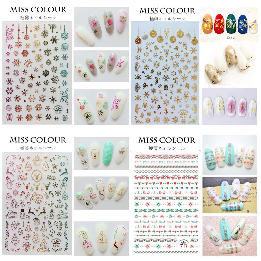 1500+ Patterns Christmas Nail Art Stickers Decals, Kalolary Self-adhesive Nail Stickers Santa Claus Snowflake Snowman Christmas Bell Tree Stick Elk for Christams Nail Decorations (12 Sheet Large Size)-Velvo Beauty