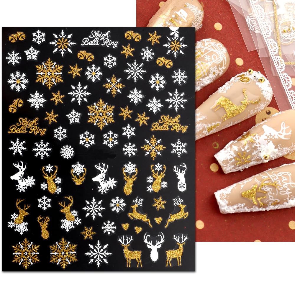 JMEOWIO 9 Sheets Christmas Nail Art Stickers Decals Self-Adhesive Pegatinas Uñas Bling Snowflake Snowman Holiday White Gold Nail Supplies Nail Art Design Decoration Accessories-Velvo Beauty
