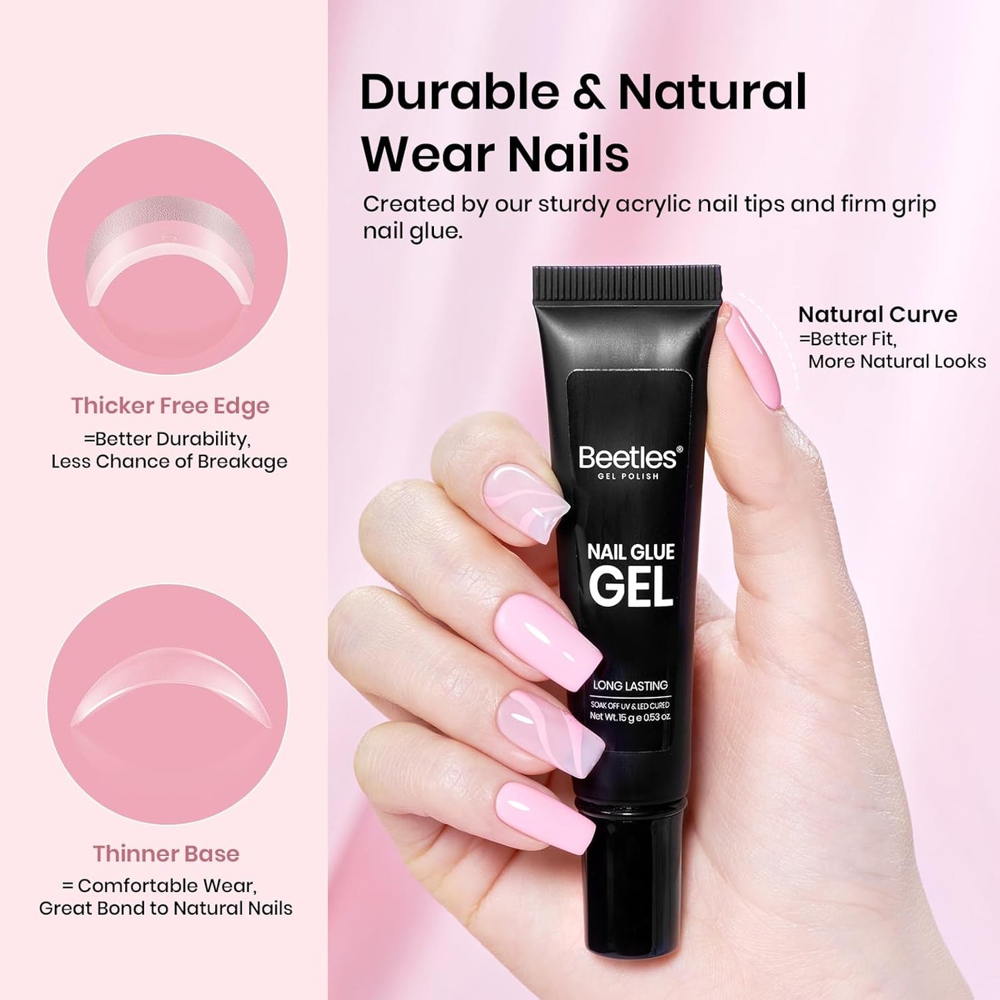 Beetles Gel Nail Kit Short Square with Nail Dehydrator and Primer, 576Pcs Half Matte Etch-X Gel Nail Tips Solid Nail Glue Mini Nail Lamp Acrylic Nail Tips Easy DIY Nail Extension Set Gift for Women-Velvo Beauty