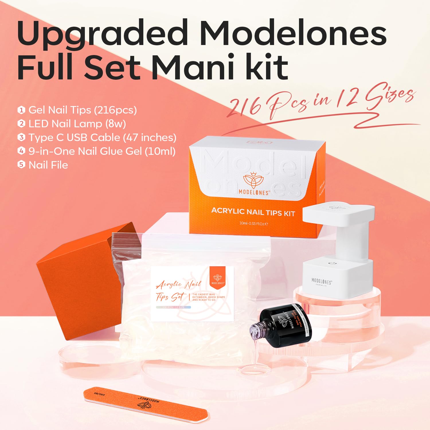 modelones Medium Oval Gel Nail Tips Kit, 9-in-One Nail Glue with Portable U V Lamp 216Pcs 12Sizes Pre-Etched Round Press ons Fake Acrylic Extension Kit DIY Salon Gift for Women-Velvo Beauty