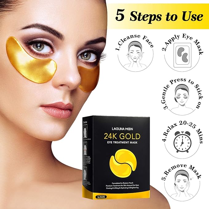24K Gold Eye Mask, Anti-Aging Hydrolyzed Collagen and Hyaluronic Acid Under Eye Patches for Puffy Eyes & Bags, Dark Circles and Wrinkles, 16 pairs-Velvo Beauty