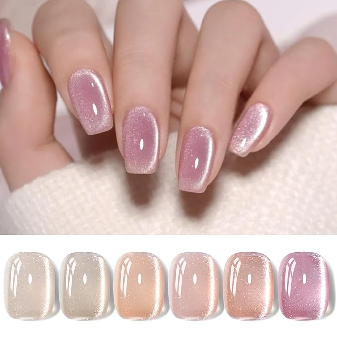 Born Pretty Cat Magnetic Eye Gel Nail Polish Jelly Pink Moonlight Crystal Glass Cat Magnetic Shimmer Glitter Holographic Nail Polish Salon Gel Manicure and Nail Art DIY at Home 7ML 6PCS-Velvo Beauty