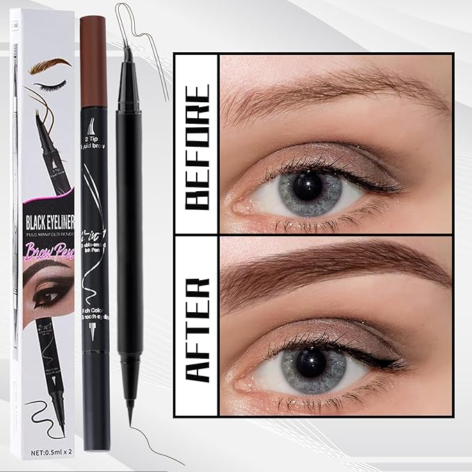 Curved 2 Tip Eyebrow Pen-Brown Eyebrow Pencil With Black Eyeliner 2-in-1 Dual-Ended Create Natural Hair-Like Brows,Waterproof,Smudge Proof,Long Lasting All-Day-Velvo Beauty