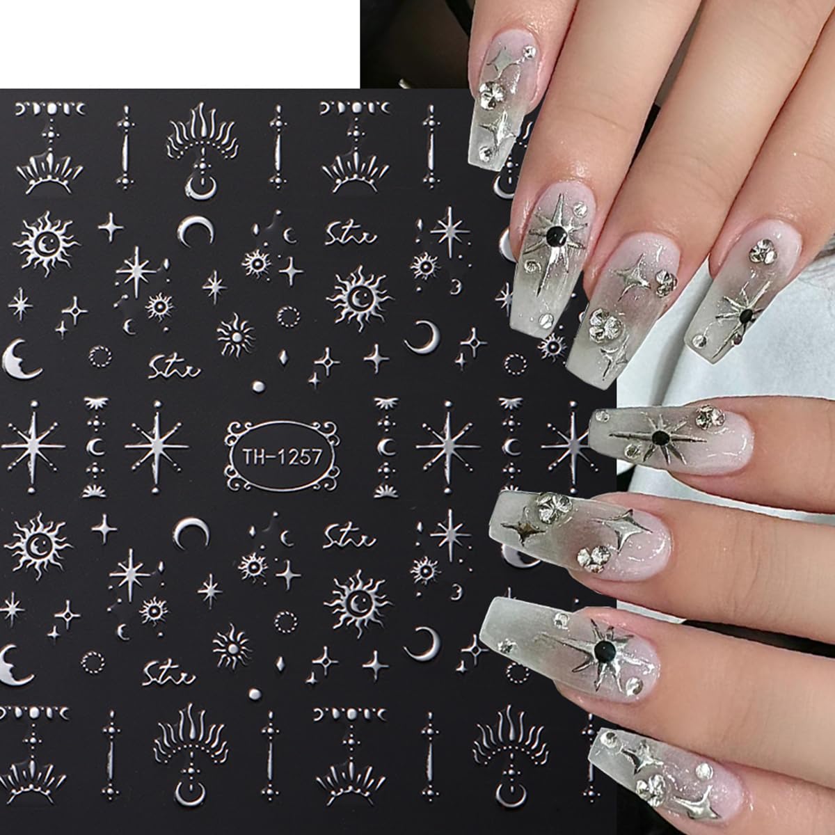 6 Sheets Metallic Nail Art Stickers Decals-3D Self-Adhesive Sun Stars Moon Nail Design Luxury Silver Metallic Nail Supplies Designer Nail Stickers for Women Acrylic Nails Decorations Accessories Craft-Velvo Beauty