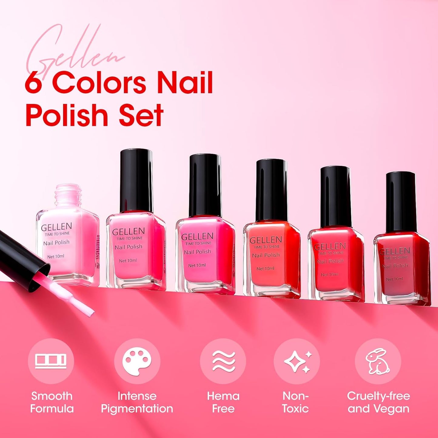 GELLEN Red Pink Nail Polish, Quick Air Dry Natural Traditional Regular Nail Polish Bright Red Hot Pink Set for Acrylic Natural Nails Home Salon, Non UV Gel, Chip Resistant, Hema Free, Non-toxic, 10ml-Velvo Beauty
